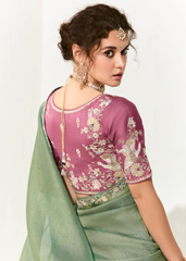Mint Green Saree with Dusty Pink Floral Blouse