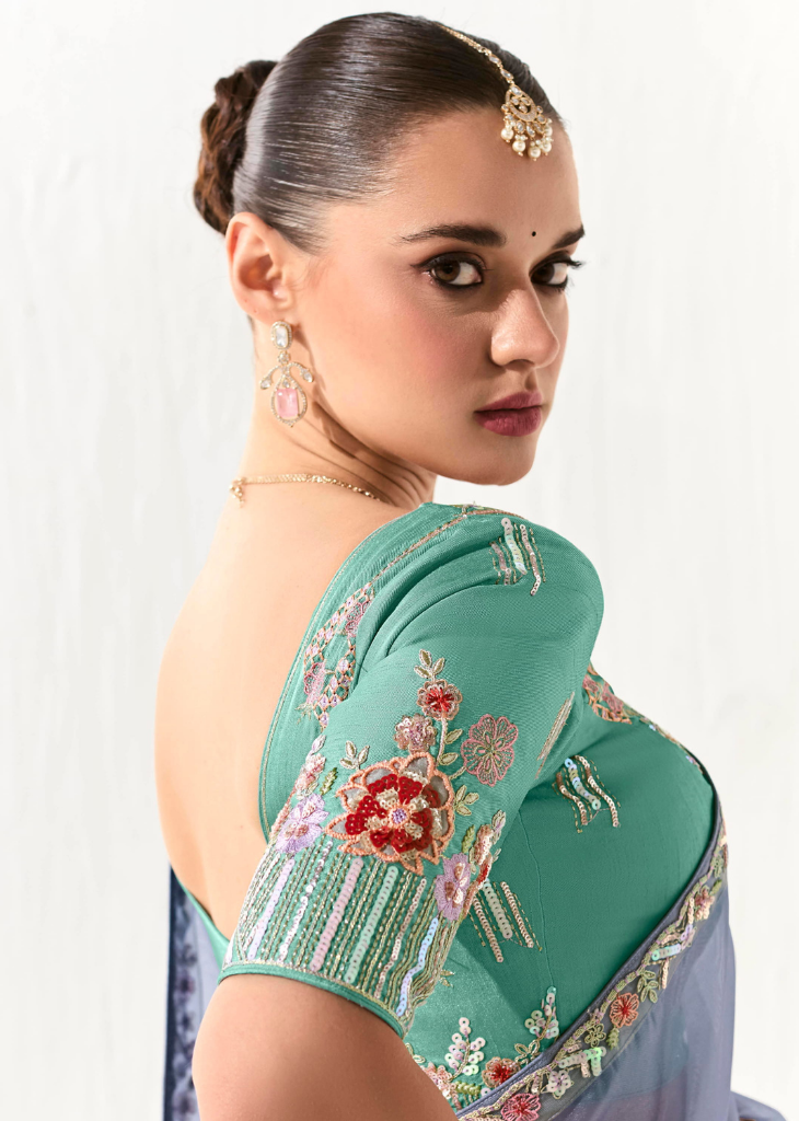 Blue Tissue Saree with Mint Green Floral Blouse