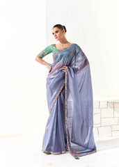 Blue Tissue Saree with Mint Green Floral Blouse