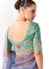 Blue Tissue Saree with Mint Green Floral Blouse