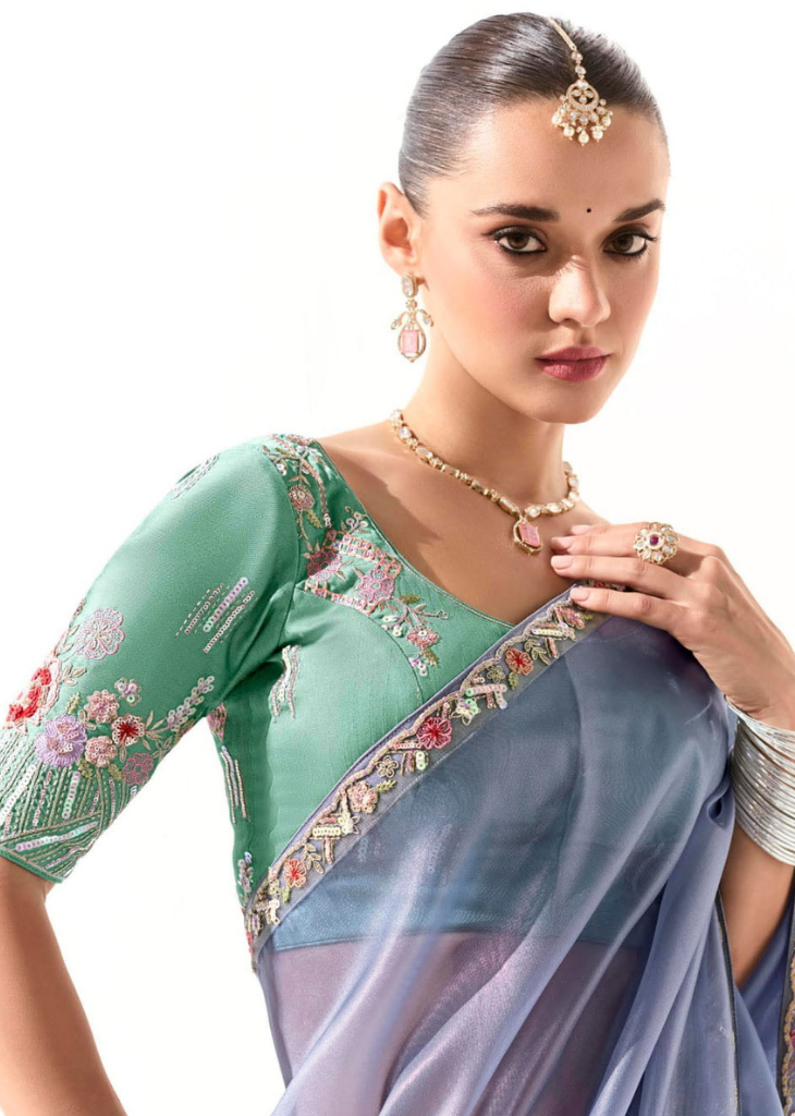 Blue Tissue Saree with Mint Green Floral Blouse