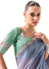Blue Tissue Saree with Mint Green Floral Blouse