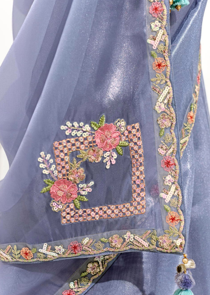 Blue Tissue Saree with Mint Green Floral Blouse