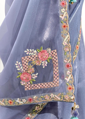 Blue Tissue Saree with Mint Green Floral Blouse