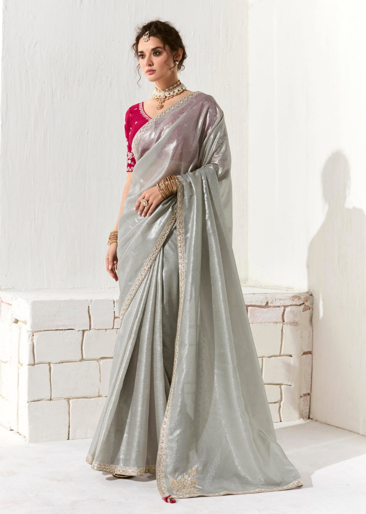 Silver Grey Saree with Wine Embroidered Blouse