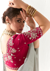 Silver Grey Saree with Wine Embroidered Blouse