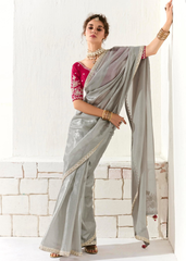 Silver Grey Saree with Wine Embroidered Blouse