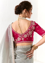 Silver Grey Saree with Wine Embroidered Blouse