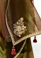 Olive Green Saree with Red Embroidered Blouse