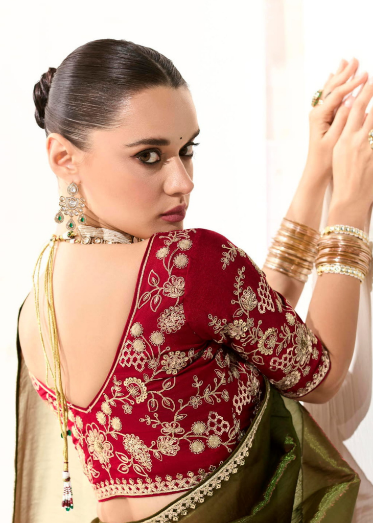 Olive Green Saree with Red Embroidered Blouse