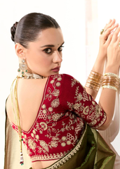 Olive Green Saree with Red Embroidered Blouse