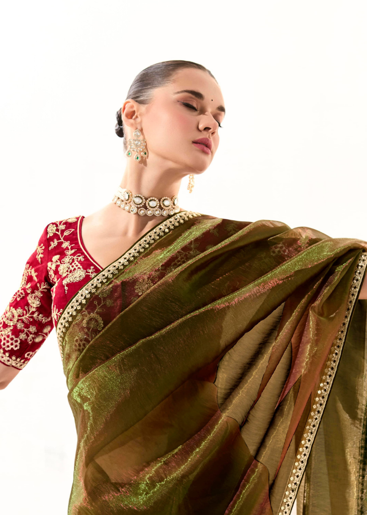 Olive Green Saree with Red Embroidered Blouse