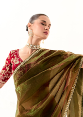 Olive Green Saree with Red Embroidered Blouse