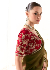 Olive Green Saree with Red Embroidered Blouse