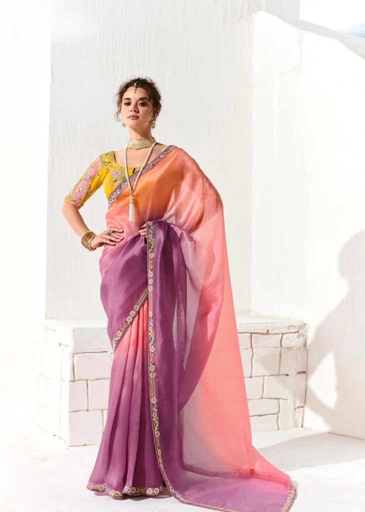 Peach to Purple Ombre Saree with Mustard Blouse