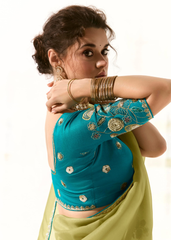Olive Green Saree with Teal Embroidered Blouse