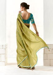Olive Green Saree with Teal Embroidered Blouse