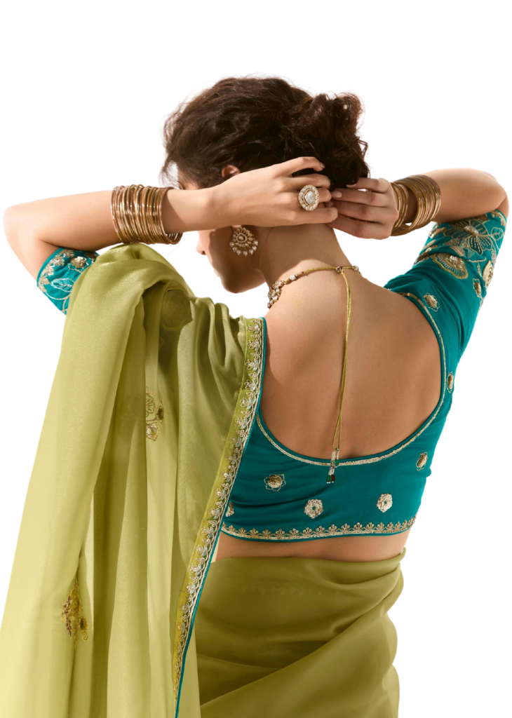 Olive Green Saree with Teal Embroidered Blouse