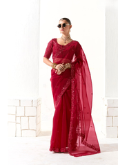 Red Sequined Saree with Matching Blouse