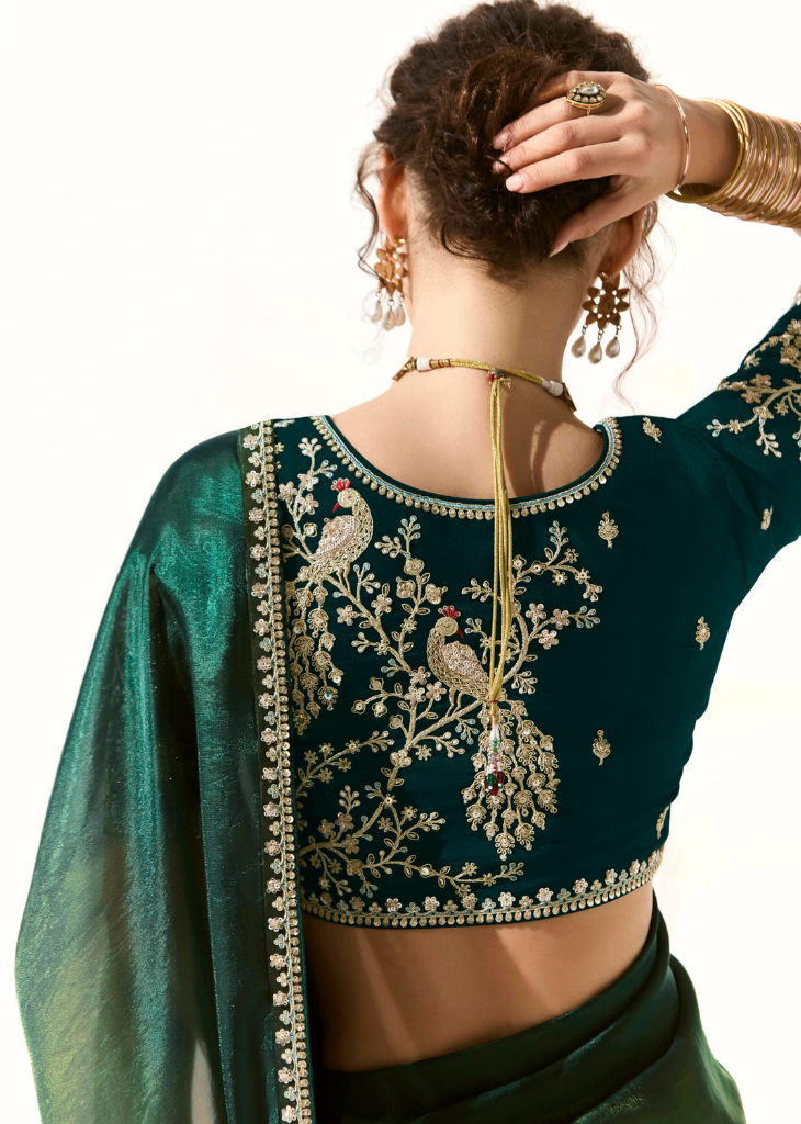 Emerald Ombre Saree with Bird Embroidered Blouse