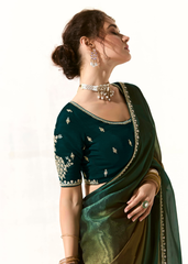Emerald Ombre Saree with Bird Embroidered Blouse