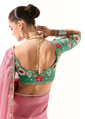 Rose Pink Tissue Saree with Green Floral Blouse