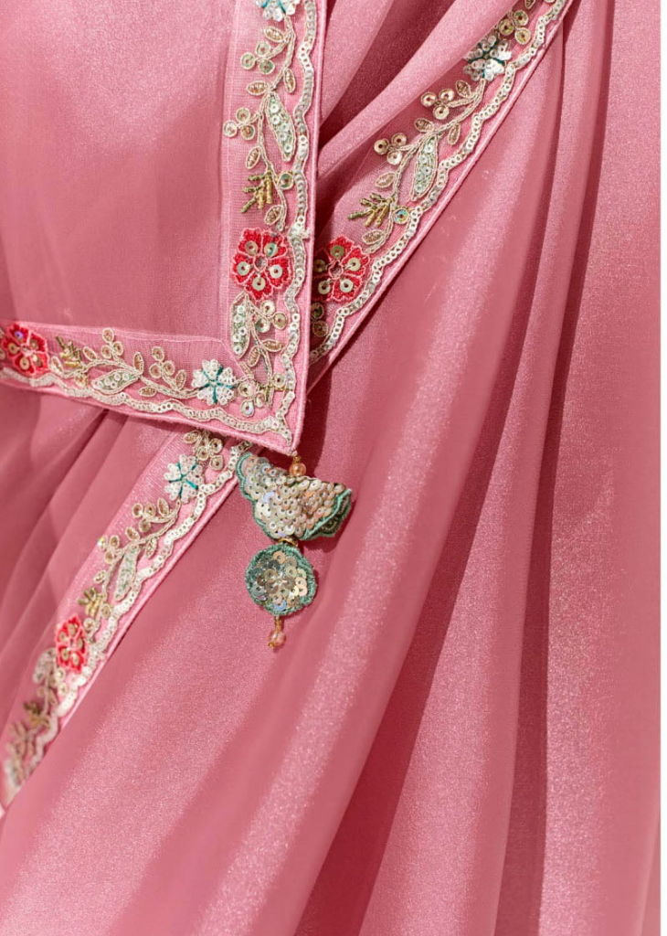 Rose Pink Tissue Saree with Green Floral Blouse