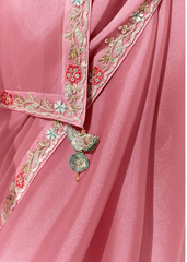 Rose Pink Tissue Saree with Green Floral Blouse