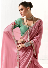 Rose Pink Tissue Saree with Green Floral Blouse
