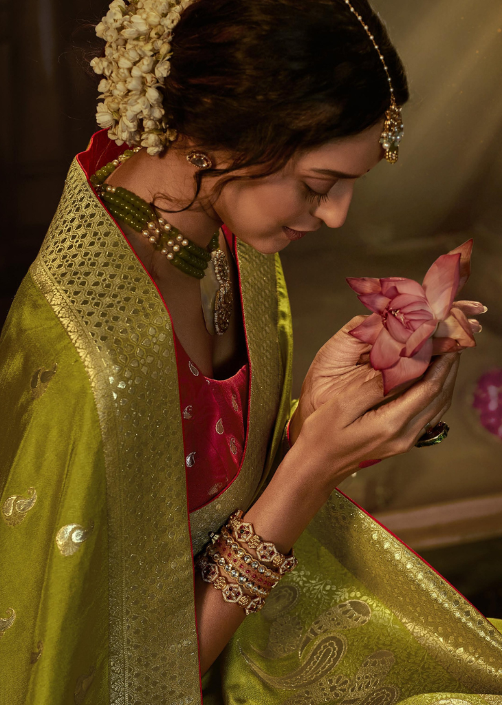 Lime Green Banarasi Silk Saree with Gold Zari Weave