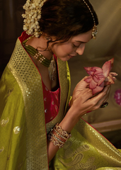 Lime Green Banarasi Silk Saree with Gold Zari Weave