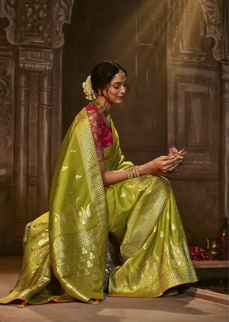 Lime Green Banarasi Silk Saree with Gold Zari Weave