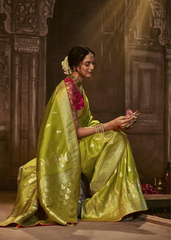 Lime Green Banarasi Silk Saree with Gold Zari Weave