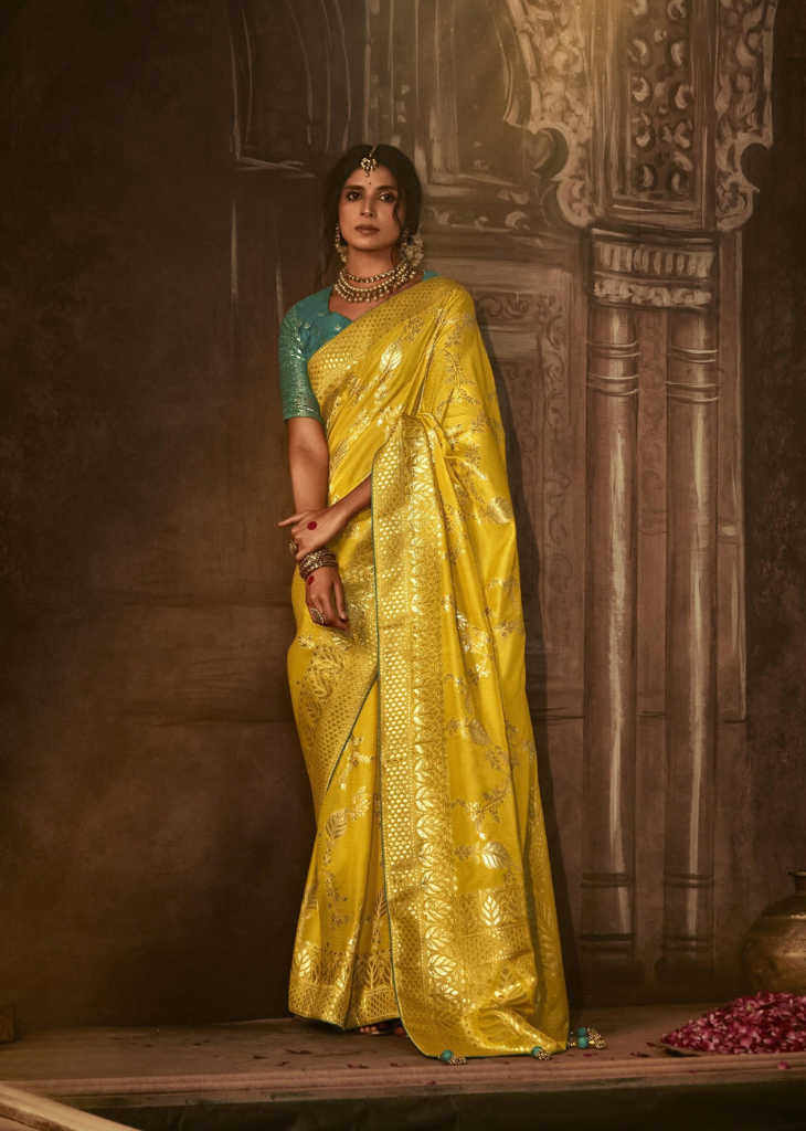 Yellow Banarasi Silk Saree with Aqua Blue Brocade Blouse