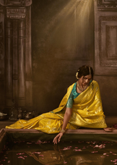 Yellow Banarasi Silk Saree with Aqua Blue Brocade Blouse