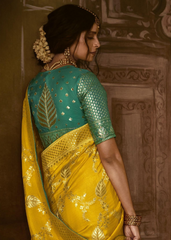 Yellow Banarasi Silk Saree with Aqua Blue Brocade Blouse
