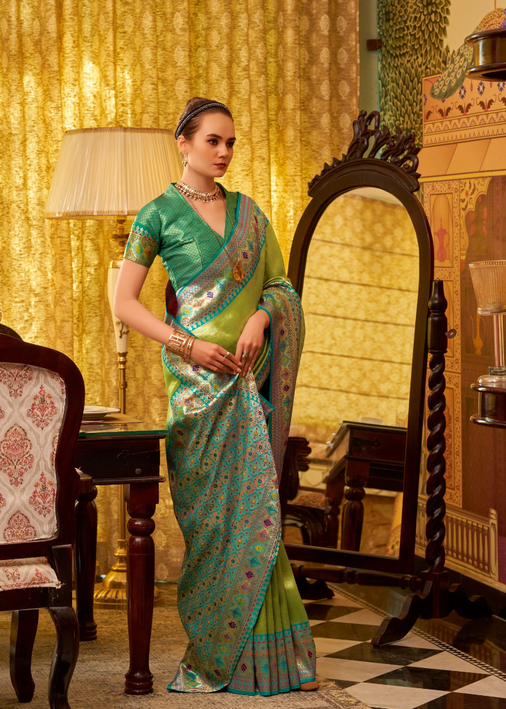 Green Tissue Silk Saree with Woven Border Work