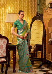 Green Tissue Silk Saree with Woven Border Work