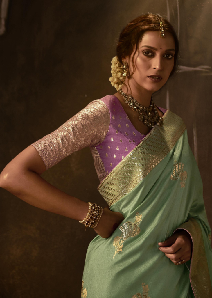 Mint Green Banarasi Saree with Lavender Brocade Blouse