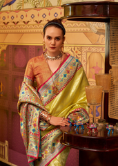 Yellow Tissue Silk Saree with Multicolor Woven Border
