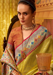 Yellow Tissue Silk Saree with Multicolor Woven Border