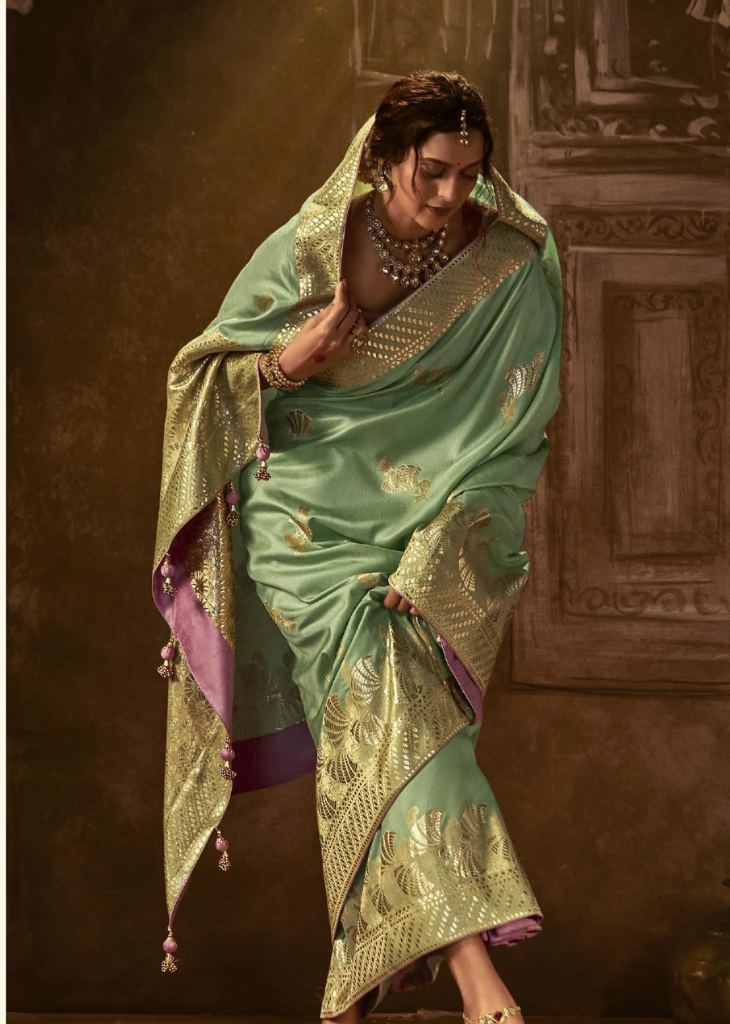 Mint Green Banarasi Saree with Lavender Brocade Blouse