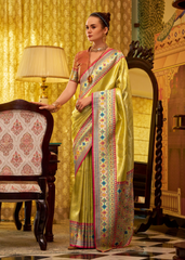 Yellow Tissue Silk Saree with Multicolor Woven Border