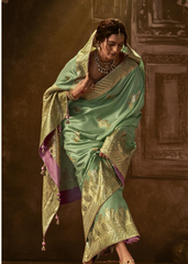 Mint Green Banarasi Saree with Lavender Brocade Blouse