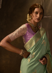 Mint Green Banarasi Saree with Lavender Brocade Blouse