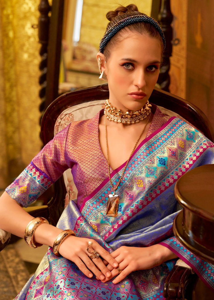 Blue Tissue Silk Saree with Rich Multicolor Border