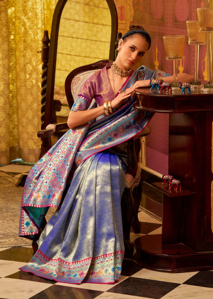 Blue Tissue Silk Saree with Rich Multicolor Border