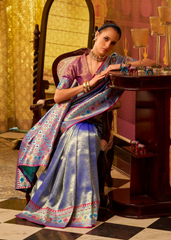 Blue Tissue Silk Saree with Rich Multicolor Border