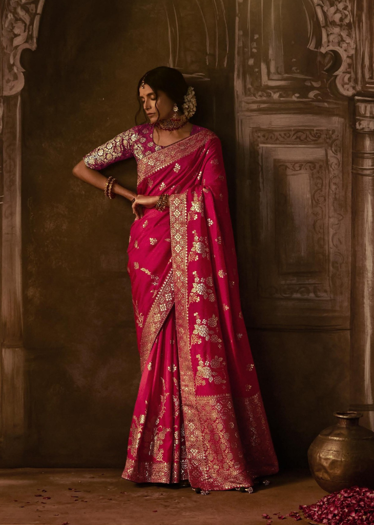 Hot Pink Banarasi Silk Saree with Gold Brocade Blouse