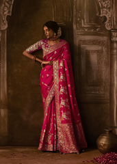 Hot Pink Banarasi Silk Saree with Gold Brocade Blouse
